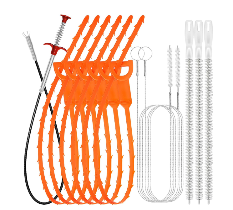 Drain Snake 12 Set: 25inch Snake Drain Hair Removal Tool(1PCS), 59inch Cleaning Brush(2PCs), 25inch Drain Clog Remover(6PCS), 18inch Sink Drain Brush(3PCS) For Bath Tub, Toilet, Kitchen Sink, Sewer