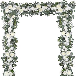 DearHouse 2Pcs Artificial Peony Flower Garland and - Silk Peony Garland with Flowers and Eucalyptus for Wedding Party Table Decoration,6ft/Strand (White)