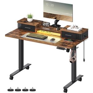 VASAGLE Electric Standing Desk with Drawers, 47.2 x 23.6 Inches, Sit Stand Desk with Power Outlet and LED Lights, Adjustable Height, Storage Shelf, 3 Memory Buttons, for Home Office, Rustic Brown