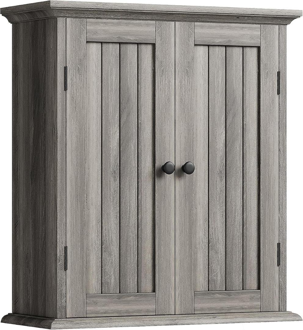 ChooChoo Bathroom Wall Cabinet, Over The Toilet Space Saver Storage Cabinet, Farmhouse Medicine Cabinet with 2 Doors and Adjustable Shelves, Cupboard, Retro Grey, 8.8"D x 21.1"W x 24"H