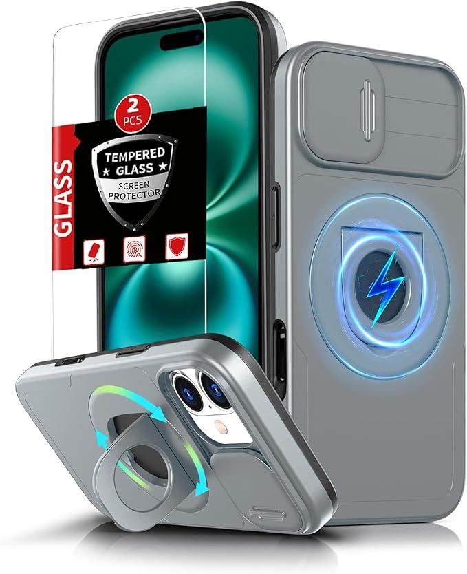for iPhone 16 Case Magnetic Compatible with MagSafe Wireless Charging,with 2 Screen Protectors,Built-in Kickstand Ring,with Camera Cover Shock-Absorbent Shockproof Heavy Duty Protection Grey