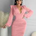 GOBLES Women's Sexy Long Sleeve Deep V Neck Ruched Bodycon Cocktail Party Midi Dress (Pink, M)