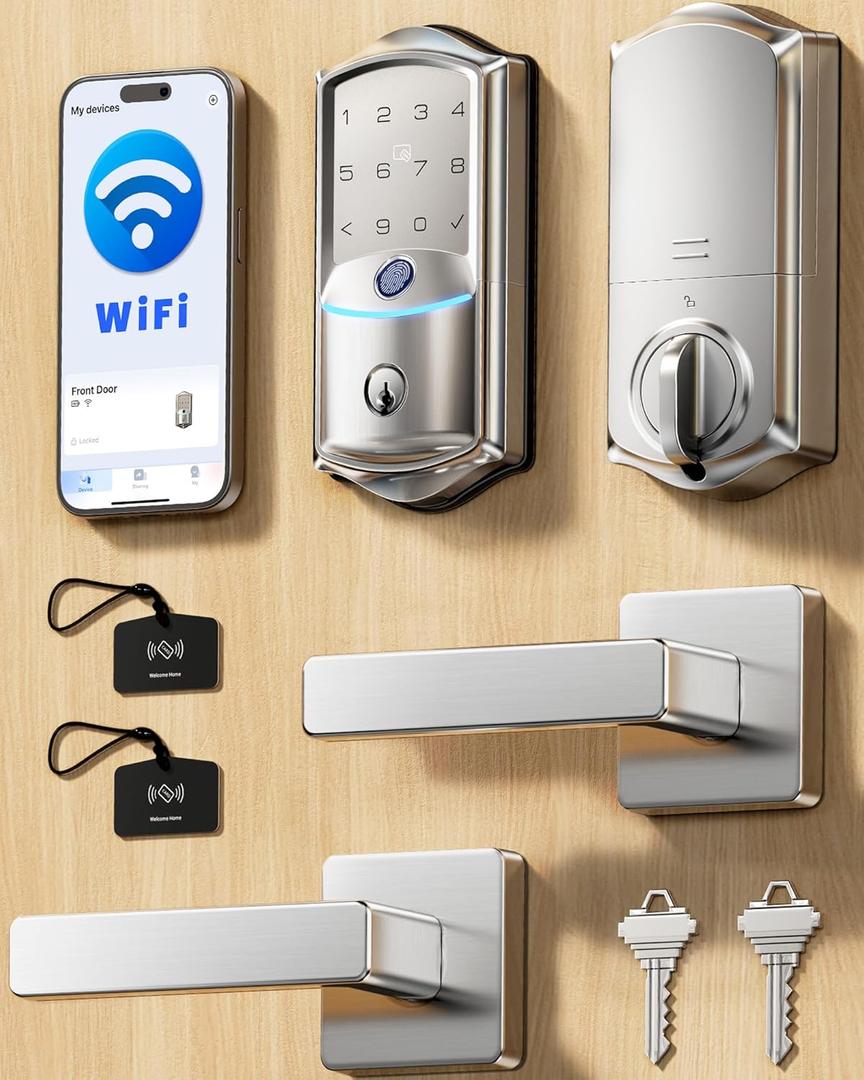 Veise VE027-L Built-in WiFi Smart Lock with Handle, Fingerprint keyless Entry Door Lock Set, App Remote & Voice Control, Electronic Deadbolt for Front Door, Touchscreen Keypad, Auto Lock, Satin Nickel
