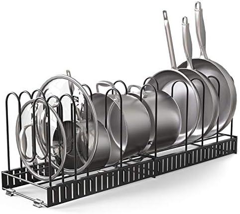 Expandable Rack for Cabinets - Vdomus Adjustable Black Pot Rack with 4 DIY Storage Positions - Holds up to 14 Pans, Pots, or Lids - Durable Iron Pot Stacker for Kitchen Organization - 8.5"x 31"x11.5"