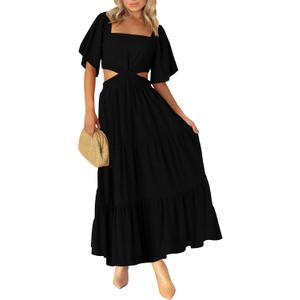 LEANI Women's 2025 Summer Cutout Maxi Dress Square Neck Short Sleeve Crossover Waist Casual Party Dresses, XL