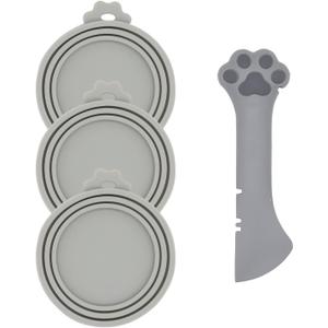 Pet Food Can Spoon & 3 Pcs Can Covers | Cute Paw Shape Opener Spatula Cat Wet Food Spoon | Universal BPA Free Silicone Can Lids & Spoon for Dog Cat Cans(Grey)