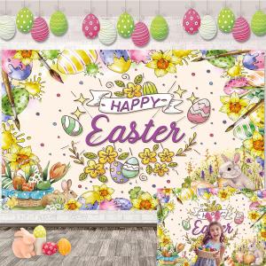 Happy Easter Decorations Banner Watercolor Painting Bunny Colorful Eggs Easter Photography Backdrop Spring Egg Hunt Party Decorations Banner(7x5FT210x150cm)