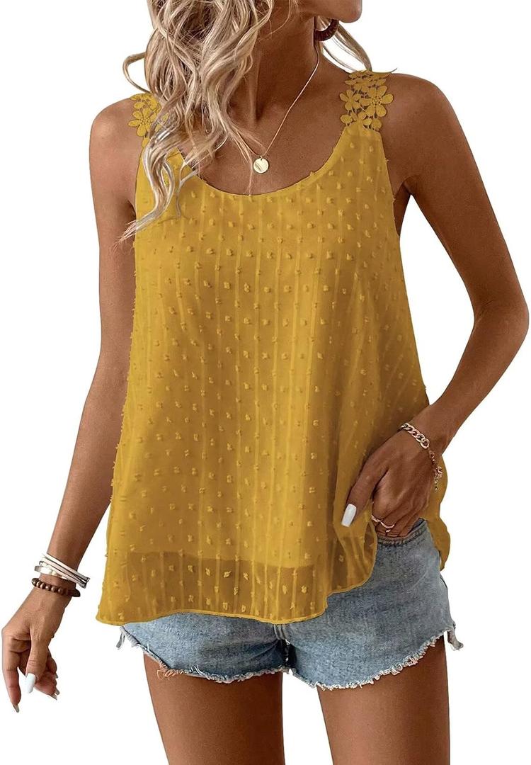 Womens Tank Tops Flowy Sleeveless Summer Boho Tank Top for Women Casual Crewneck Strap Lace Camisole Shirts (Medium, Yellow)