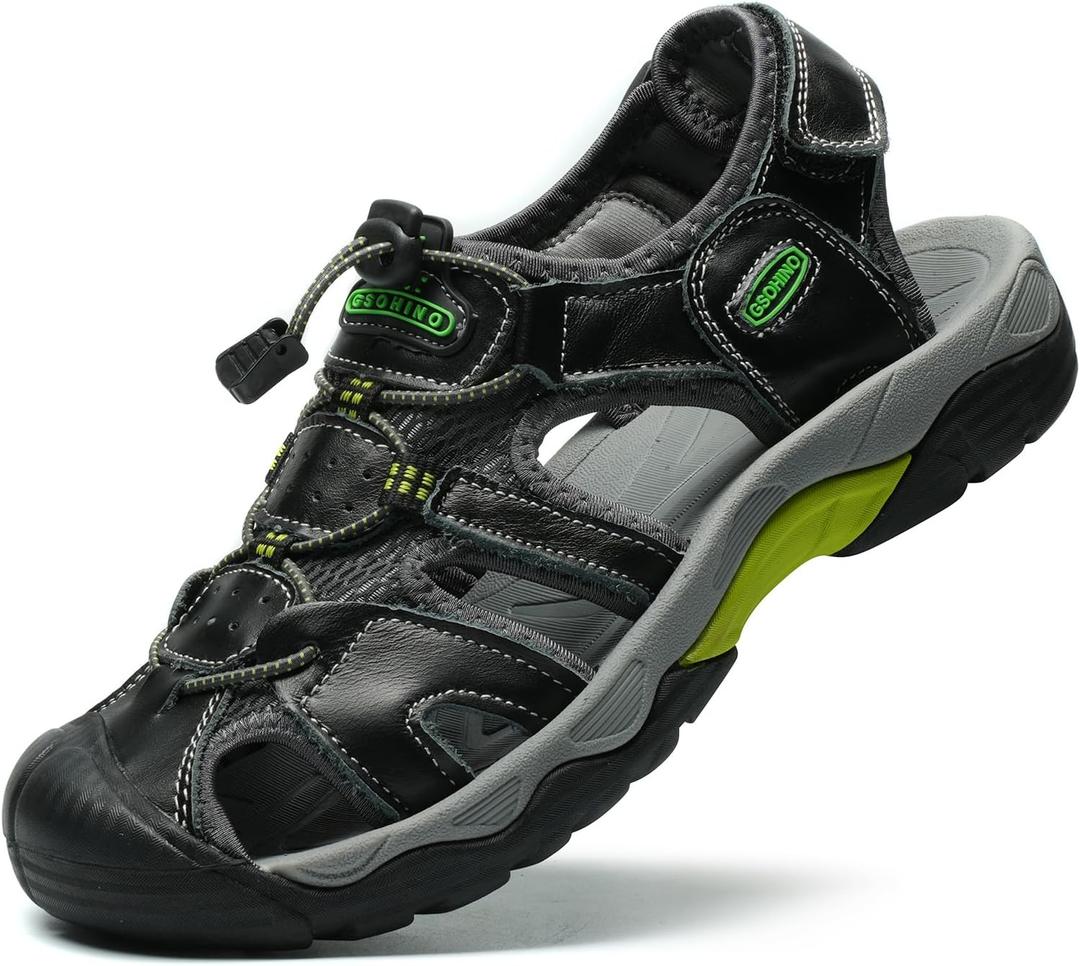 Mens Leather Sports Sandals For Men Closed Toe Hiking Outdoor Athletic Casual Walking Sandals Water Shoes Summer Fisherman Sandal Handmade (10, Smooth Black)