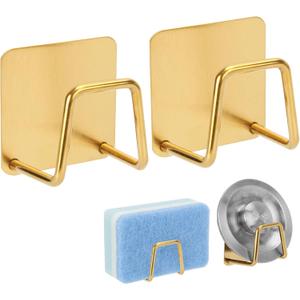 2 Pcs Adhesive Sponge Holder for Kitchen Sink Essentials,No Drilling.Stainless Steel Small Dish Sponge Holder for Sink Counter,Dish Sponge and Brush Organization Holder.Rustproof and Waterproof,Gold