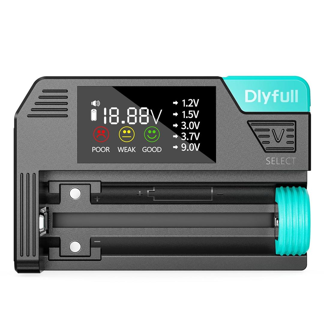 Universal Battery Tester, Dlypow Small Digital Battery Checker with LCD Display for Household Batteries AA AAA C D 9V 18650 CR123A LR44 CR2032 CR2 CRV3 1.5V/3V Button Cell Batteries, Cable Included