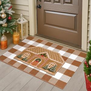 Dunzy 2 Pcs Christmas Gingerbread House Door Mat Combo Set 16.9 x 29.5 Coir Welcome Door Mat and 27.5 x 43.3 Brown and White Plaid Rug for Christmas Porch Decor Outdoor Farmhouse Entryway Foyer