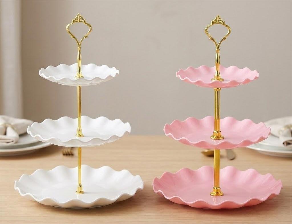 Soleebee 3-Tier Cupcake Stand, Wavy Plastic Tiered Serving Tray, Cup Cake Tower for Birthday Wedding Party Decoration, Cupcake Tier Stand Fruits Desserts Display (Pink and White) 2 Pack