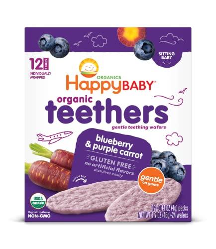 Pack Of 3 Happy Baby Gentle Teethers Organic Teething Wafers Blueberry Purple Carrot, 0.14 Ounce Packets (Box of 12) Soothing Rice Cookies for Teething Babies Dissolves Easily, Gluten Free No Artificial Flavor