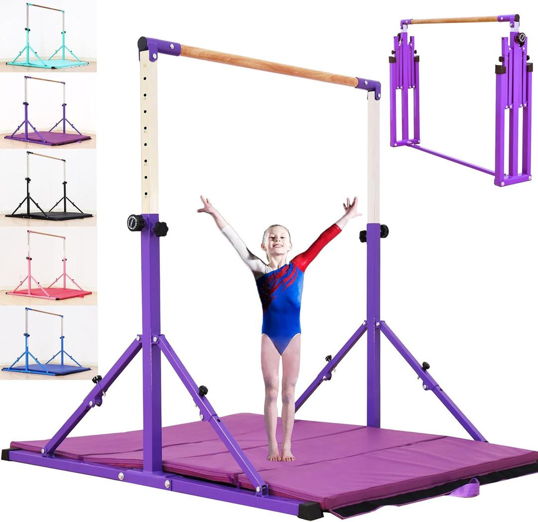 MARFULA 4FT/5FT Gymnastic Bar Set Gymnastics Kip Bar with 5 Ft Length 4Ft Inner Width 5ft Adjust Height Gymnastics Training Bar Equipment for Kids Professional Training Home and Club Use (Purple)