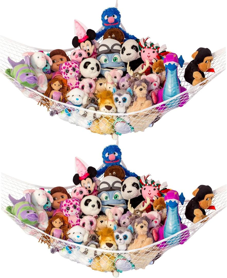 Lilly's Love Stuffed Animal Hammock, 2 Pack | Corner Hanging Organizer, Toy Storage, Stuffed Animal Storage | Easy to Hang Plushie Net w/Anchors & Hooks | Cute Room, Bedroom & Home Decor (White) (Standard, White)