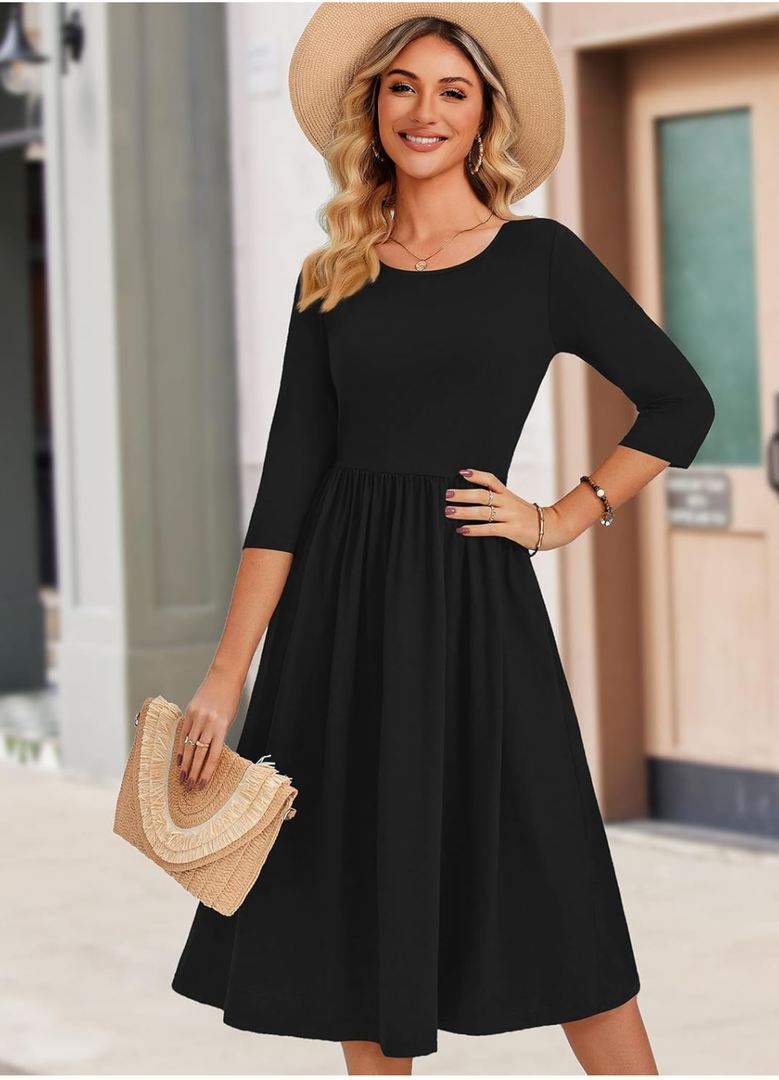 Zeagoo 3/4 Sleeve Women's Dress Casual Flowy A-Line Midi Tshirt Dresses with Pockets Crewneck Vocation Boho Beach Sundress, Small