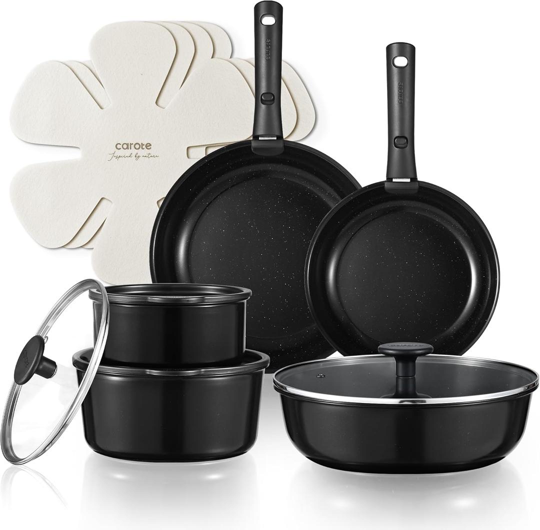 CAROTE Ceramic Cookware Sets, Pots and Pans Set Non Stick Non Toxic, Induction Cookware, Kitchen Cookware Sets,Pots Set for Healthy Coooking 15PCS, Black