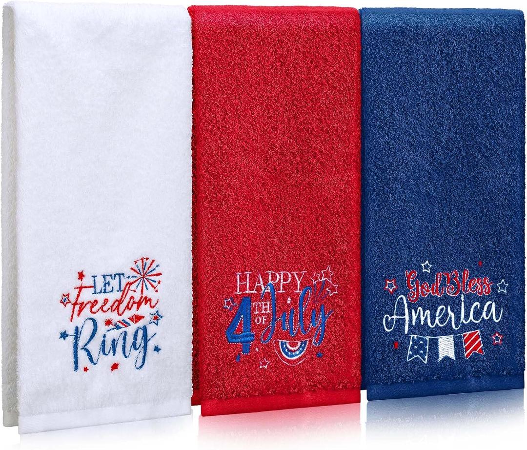 FuWeave 3 Pcs Patriotic Hand Towels for Bathroom 4th of July 100% Cotton Embroidered Bathroom Towel 13 x 29 Inch Independence Day Red White Blue 250 Anniversary Decorative Dish Cloth for Bath Cleaning