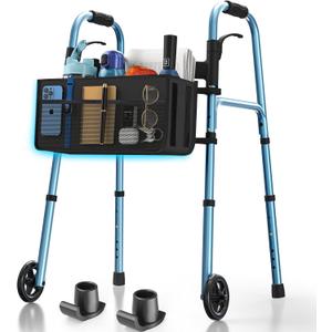 Folding Walker for Seniors, Compact Rolling Walker with Basket and 2 Skis, Lightweight Aluminum Standard Walker Adjustable Height Supporting Up to 350lbs, Blue