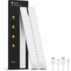 Under Cabinet Lighting - 14.7" Motion Sensor Light Indoor, Magnetic Wireless Closet Lights, Dimmable Led Night Light, Rechargeable Under Counter Lights for Kitchen, Bedroom, Stair, 2 Pack