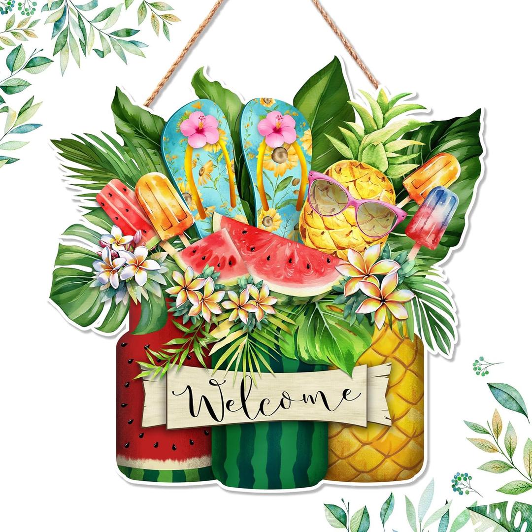 Summer Door Sign Watermelon Welcome Sign Mason Jar Pineapple Popsicle Door Hanger for Front sandals tropical leaves Wreaths Wood Wall Hanging Decor for Farmhouse Porch Pediments