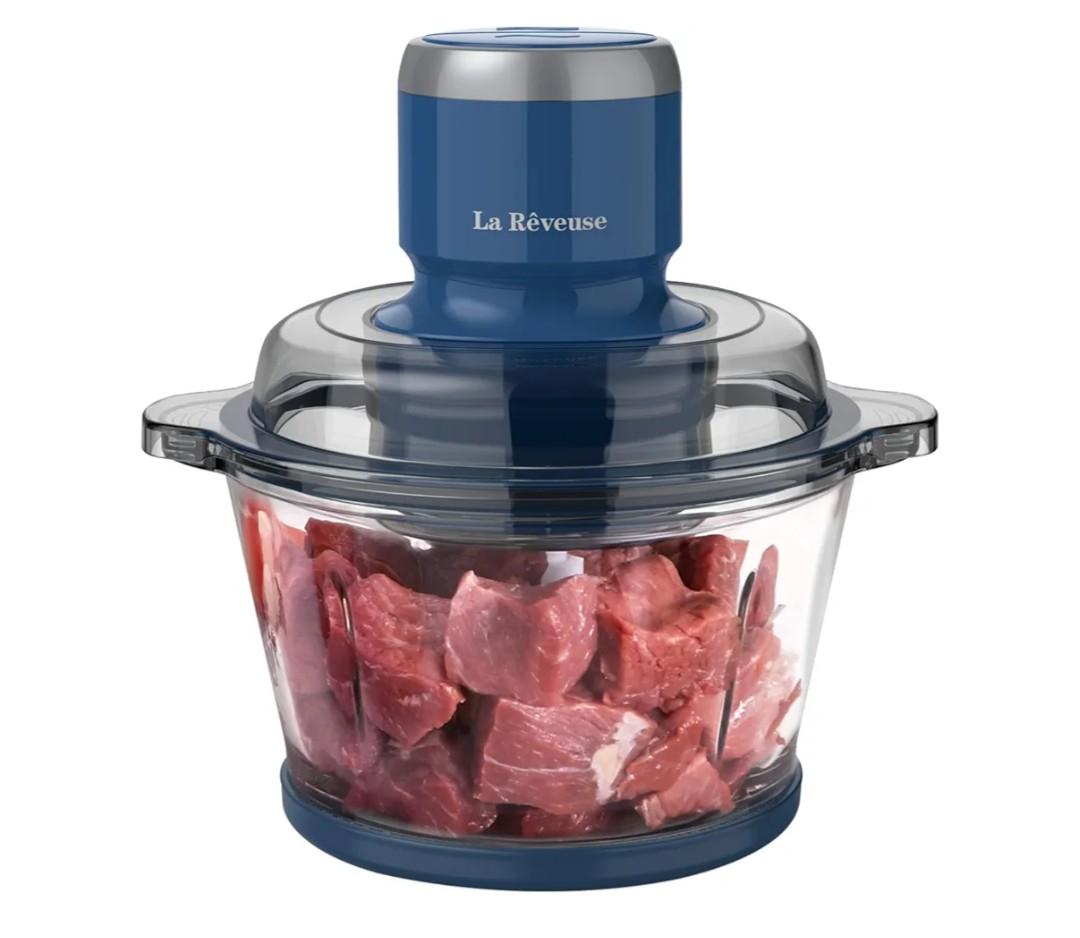 La Reveuse Food Processor,Electric Food Chopper with 7-Cup (1.7L) Glass Bowl, 4 Bi-Level Blades for Chopping,Grinding,Mincing,Whisking,Meal Prep,300W,Blue