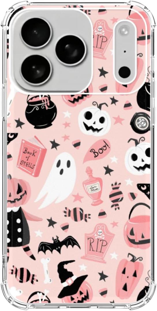 Pink Halloween Pumpkin Ghost Case Compatible with iPhone 17 Pro, Witchy Pumpkin Halloween Boo Cover, Cool TPU Phone Case Cover