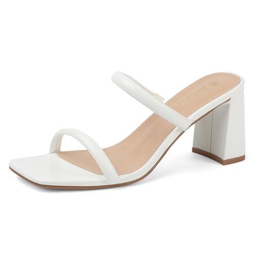 Avidirk Women's Square Open Toe Heeled Sandals Two Strap Mules Slip On Block Chunky Mid White Heels Sandals 8