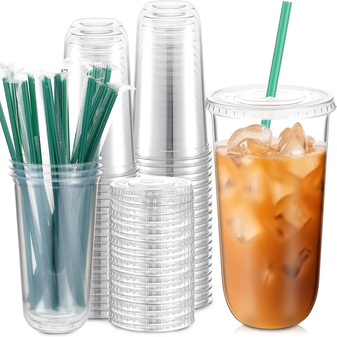 Baderke 25 Set Plastic Cups with Lids and Straws, Disposable Plastic Iced Coffee Cup for Cold Beverage Juice Smoothie Crystal for Coffee Shops Party Catering(Clear,20 oz)