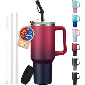 40 oz Tumbler with Handle and Straw Spout Lid - 100% Leak-proof Travel Coffee Cup, BPA Free Metal Mug, Vacuum Insulated Water Bottle- (Cold-34H & Hot-10H), Straw Cover, Silicone Boot (Ruby Purple)