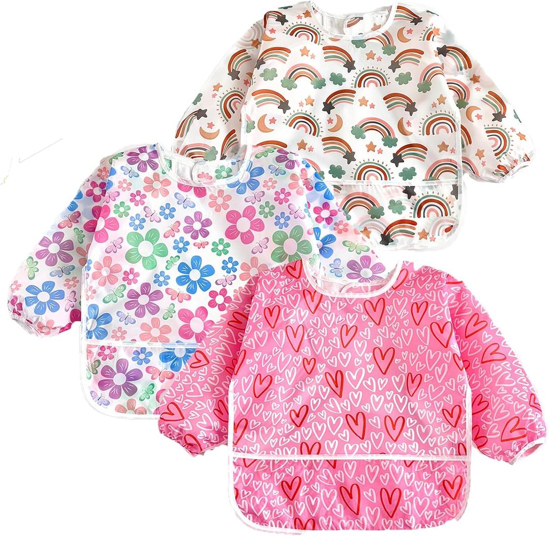 PandaEar 3 Pack Waterproof Baby Long Sleeve Bibs for Girls, Lightweight Toddler Art Smock with Catch-All Pocket, Washable Mealtime Bibs for Eating & Messy Play, Fits 6-24-36 Months