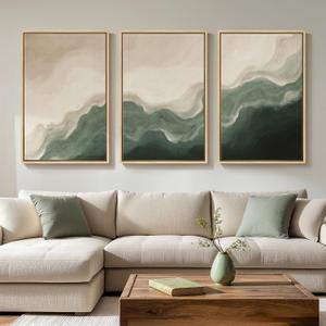 Large Framed Green and Beige Abstract Wall Art for Living Room, 3 Piece Modern Neutral Canvas Prints Paintings Artwork for Walls, Minimalist Abstract Pictures for Hallway Bedroom Wall Decor 24x36 In
