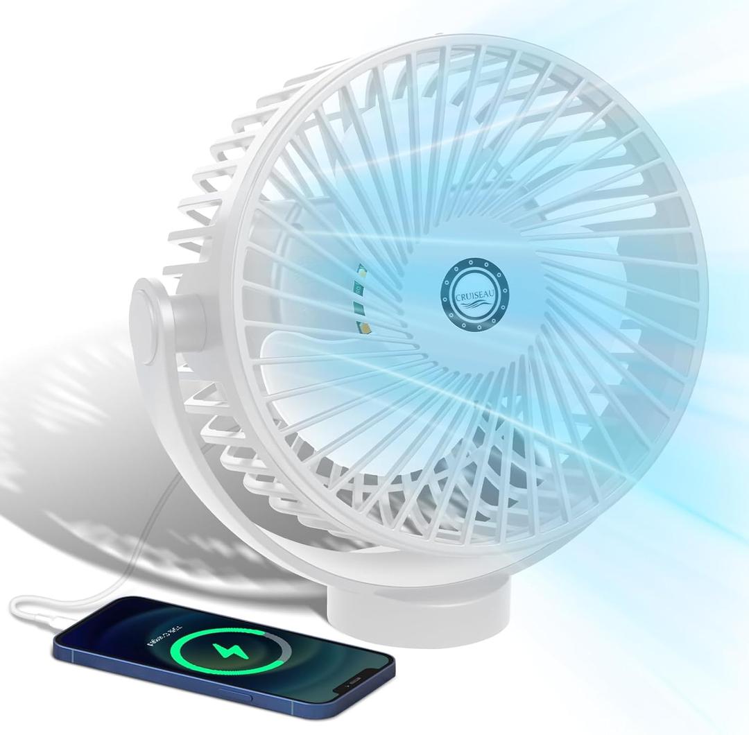 Magnetic Cruise Fan with 8000mAh Rechargeable Battery, LED Light, Timer&Power Output, Magnetically Sticks on Cabin Ceilings and Walls, Ship Approved Cabin Air Circulator