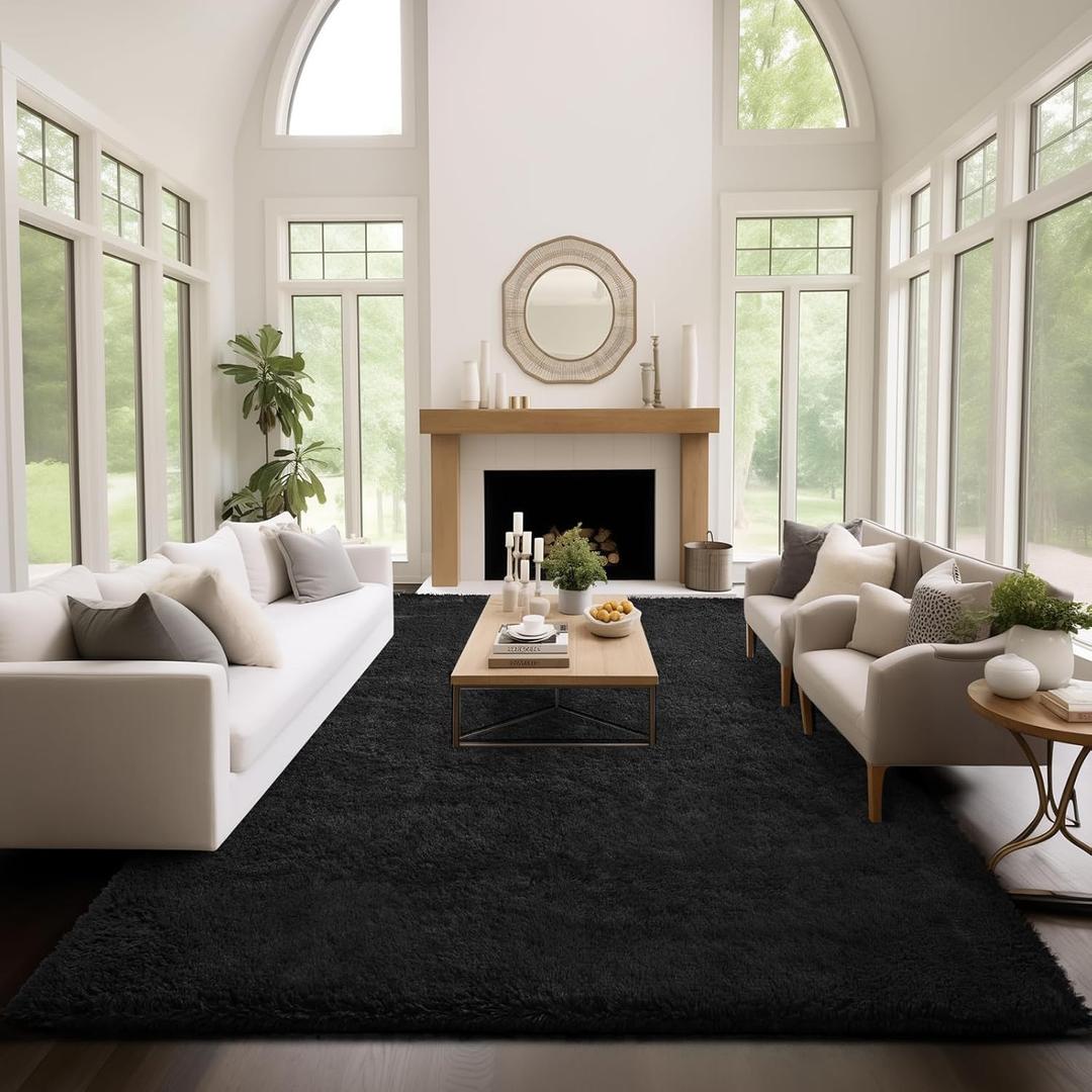 Ophanie Area Rugs 9x12 Living Room, Large Black Bedroom Carpet, Big Shag Indoor Thick Soft Nursery Rug, Fluffy Carpets for Boy and Girls Room Dorm Home Decor Aesthetic (9' x 12', 2- Black)