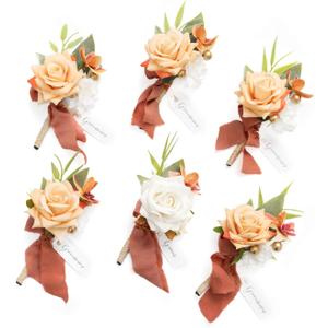 Ling's Moment Boutonniere for Men, 6pcs Groom Groomsmen Boutonniere, Artificial Flowers for Wedding Decor/Prom/Homecoming, etc.Terracotta White
