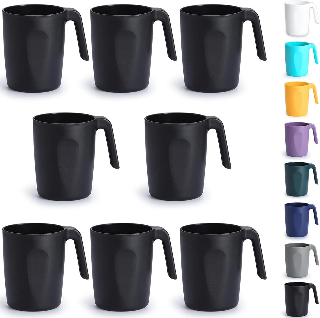 Berglander Black Plastic Coffee Mugs Set of 8, Plastic Cups with Handles 15oz, Reusable Water Cup, Easy to Carry, Great for Home, Garden, Picnic, Camping, Outdoor