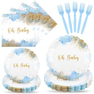 96 PCS Baby Shower Plates and Napkin Set -Serve 24, Oh Baby Boy Shower Tableware Set Includes Blue Baby shower Paper Plates Napkins & Forks for Boy Birthday Party