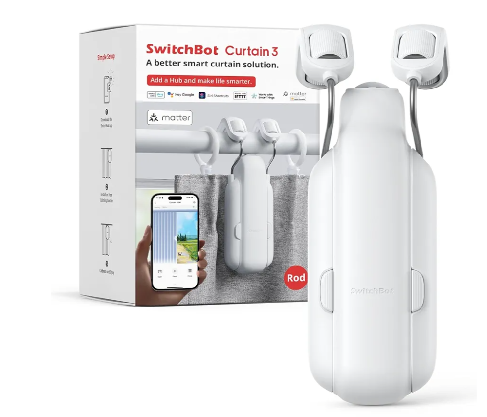 SwitchBot Automatic Curtain Opener - Bluetooth Remote Control Smart Curtain With App/Timer, Upgraded High-Performance Motor, Add SwitchBot Hub To Work With Alexa, Google Home, HomeKit (Curtain 3, Rod)