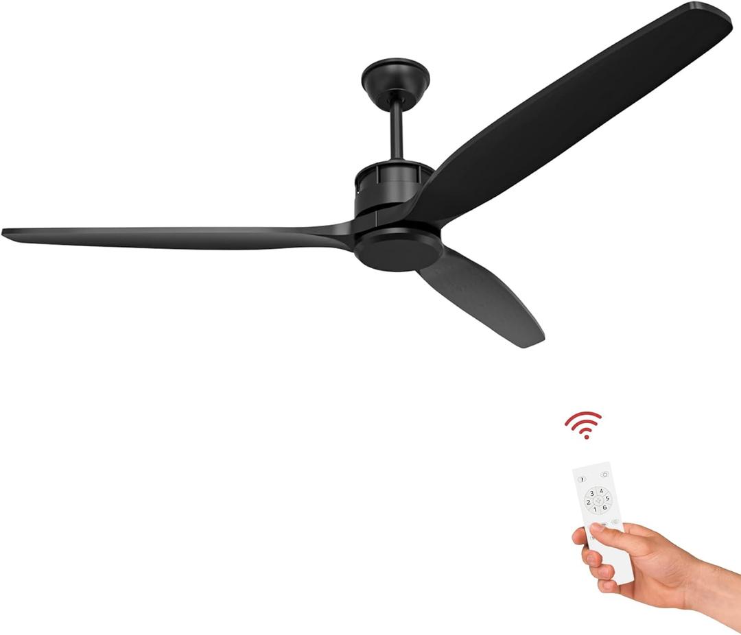 60" Large Ceiling Fan with Remote, Outdoor Flush Mount Low Profile Ceiling Fan for Patios Bedroom Kitchen Living Room, 3 Wooden Blades, 6 Speeds, Quiet Reversible Motor, No Light