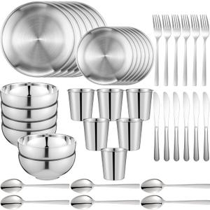 Jinei 42 Pcs 304 Stainless Steel Dinnerware Set 10 Inch 7 Inch Stainless Steel Plates Bowls Cups Forks Spoons and Knives Sets Reusable Metal Camping Dinnerware for Home Outdoor Picnic Kitchen