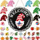 Qunclay Interchangeable Wooden Gnome Decor Holiday Seasonal Gnome Decorations with Magnet Pieces and Detachable Hats Changeable Welcome Sign for Home(Stylish)