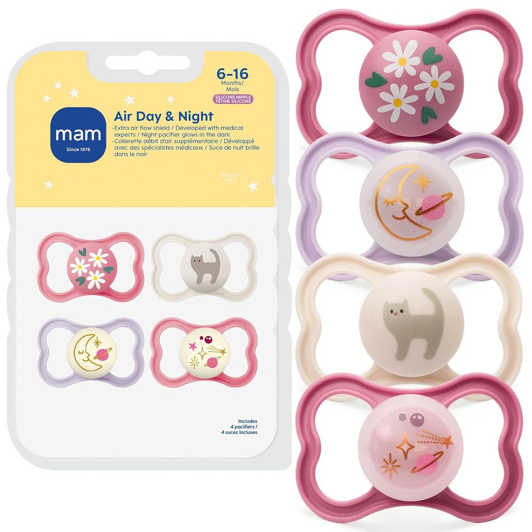 MAM Air Pacifier for Babies 6-16 Months, Extra Air Flow for Sensitive Skin, Glows in The Dark, Developed with Medical Experts, BPA-Free Skin Soft Silicone, 4 Count, Made in Europe