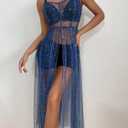 Women's Tulle Sheer Mesh Sequin Swimsuit Cover Up Sparkly Flowy Long Maxi Slit Dress Rave Festival Sexy Outfits Blue (Blue, M)