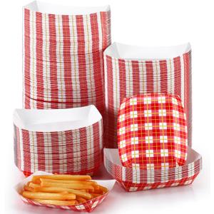 Honeydak 500 Pack 2 Lb Disposable Paper Food Boats Bulk Red and White Checkered Paper Food Trays Greaseproof Paper Hot Dog Trays Food Serving Boats for Snacks Sandwich Nacho Party BBQ Picnic