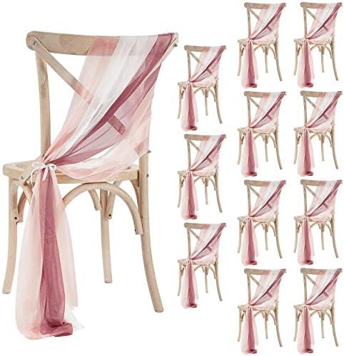 Moukeren 12 Sets Wedding Chair Sashes Cover with Ribbon Dusty Rose Tulle Wedding Aisle Decorations for Party Ceremony Reception Floral Arrangement Banquet Outdoor Decor