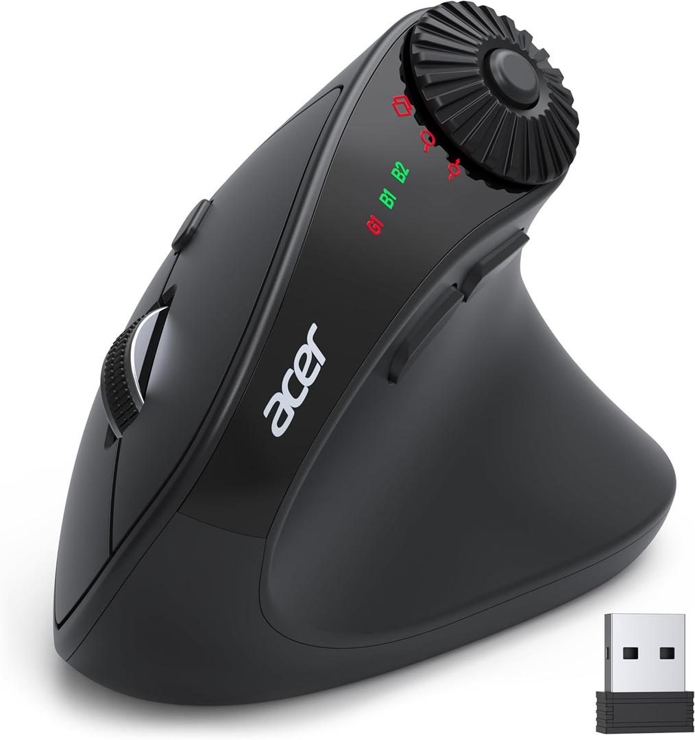 acer Ergonomic Mouse Wireless with Side Scroll Wheel, Bluetooth Mouse for Laptop(BT5.2+2.4GHz), Office Vertical Computer Mice, Right Hand Ergo Mice, 8 Buttons, 2.4GHz USB Receiver for PC and Desktop