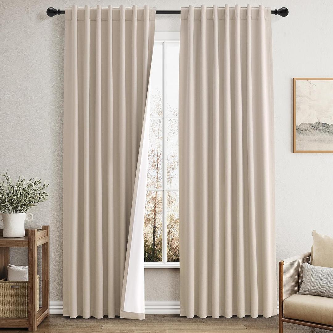 Tan Beige Linen Blackout Curtains 84 Inch Length 2 Panels 100% Light Blocking Thermal Insulated Room Darkening Curtains for Bedroom Rustic Farmhouse Linen Black Out Drapes Primitive Earthy Back Tab