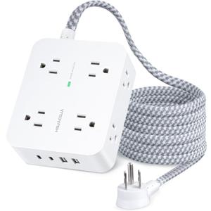 Extension Cord 20 Ft, HANYCONY Power Strip Surge Protector with 8 Outlets 4 USB Ports(2 USB C), Long Cord, Flat Plug, Wall Mount, Desk USB Charging Station for Home Office Essentials (White)