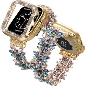 VIQIV Bling Dressy Bracelet with Case Compatible with Apple Watch Bands 38mm 40mm 41mm 42mm 44mm 45mm 49mm for Women Girls Strethy, Slim Jewelry Starlight Stainless Steel Metal Wristband Strap for iWatch Ultra 2/Ultra Series 9/8/7/6/5/4/3/2/1/SE